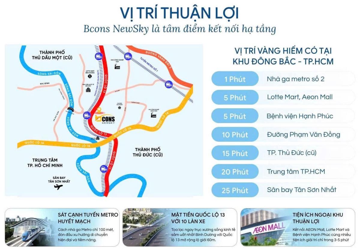Dự án Bcons New Sky có vị trí chiến lược nằm trên trục Quốc lộ 13, Lái Thiêu, Thuận An, Bình Dương. 